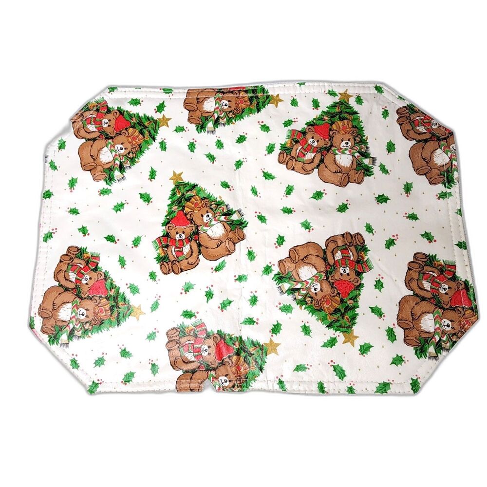 Vintage 5 Vinyl Christmas Placemats Double Sided Holiday Bears Trees Holly Vinyl